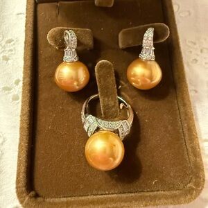 Authentic South Sea Pearl Size 14 Set of ring and earring, AAA quality.